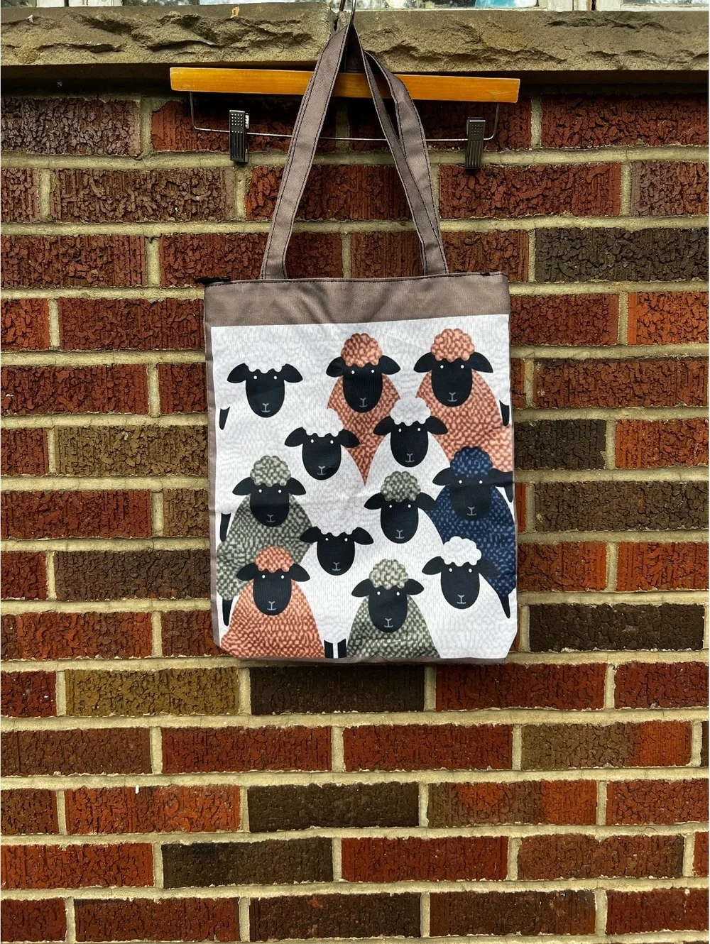 Earthy Multicolored Sheep Canvas Zipper Tote Purse Bag
